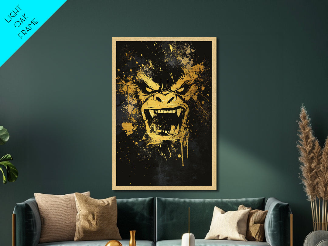 Angry Gorilla Metallic Gold Metal Print, Tribal Splatter Art, Primal Jungle Wall Decor, Bold Animal Artwork, Real Wood Framed