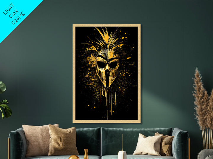 Tribal Warrior Mask Metallic Gold Metal Print, African Inspired Splatter Art, Bold Tribal Wall Decor, Fierce Artwork, Real Wood Framed