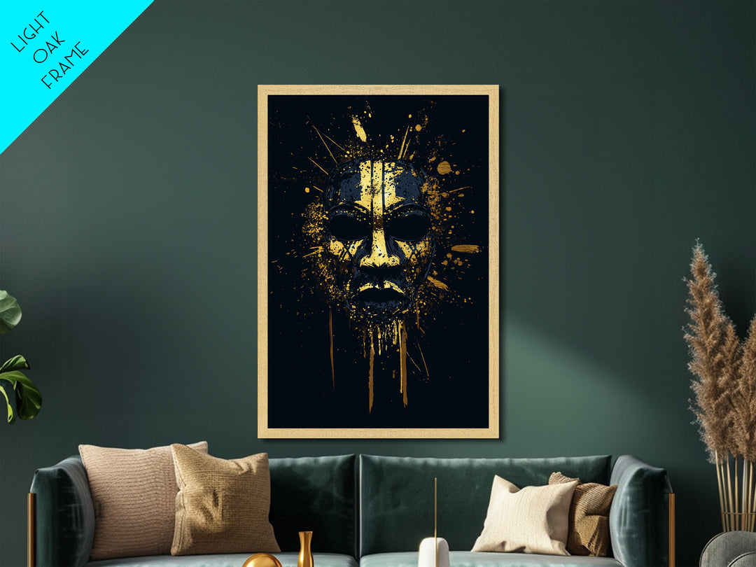 Tribal Splatter Mask Metallic Gold Metal Print, Bold Cultural Art, Unique Splatter Wall Decor, Ethnic Mask Artwork, Real Wood Framed