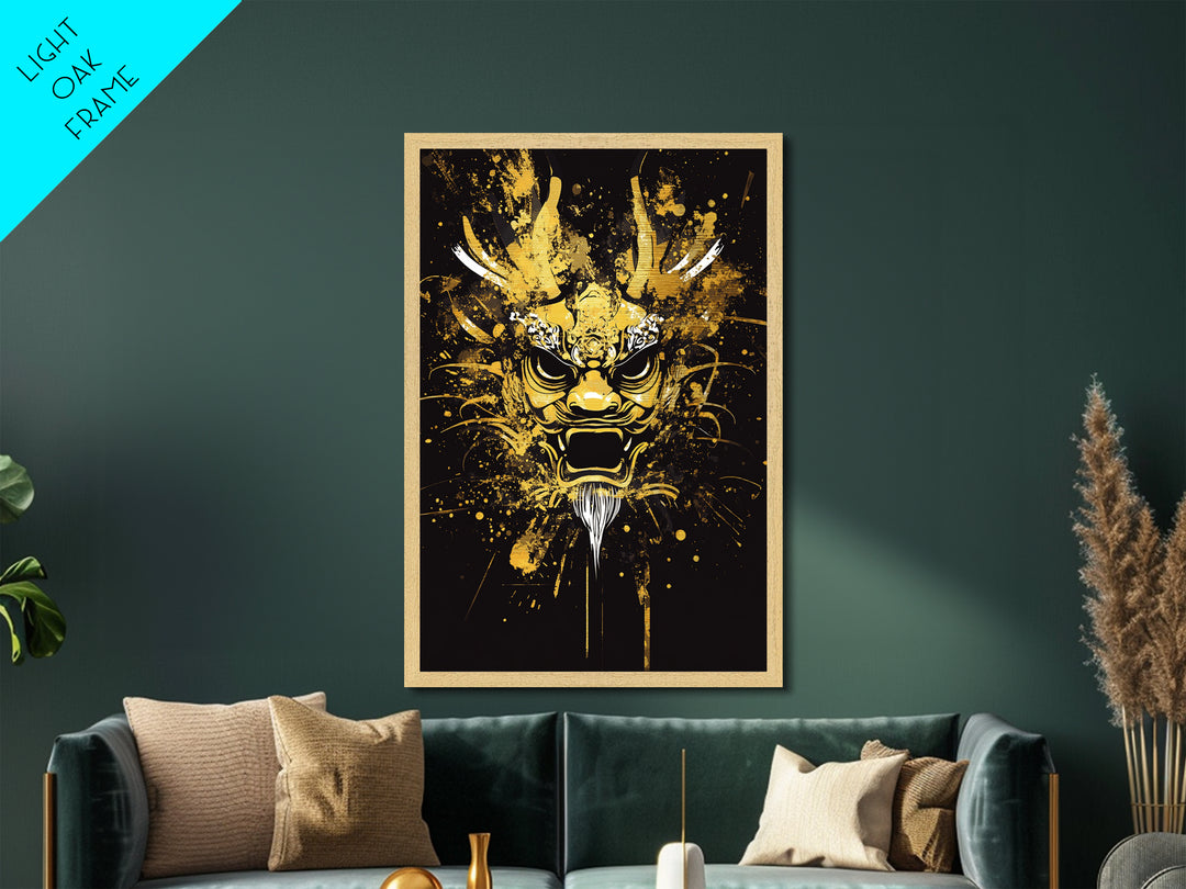Dragon Mask Metallic Gold Metal Print, Mythical Splatter Art, Asian Inspired Wall Decor, Fierce Dragon Artwork, Real Wood Framed