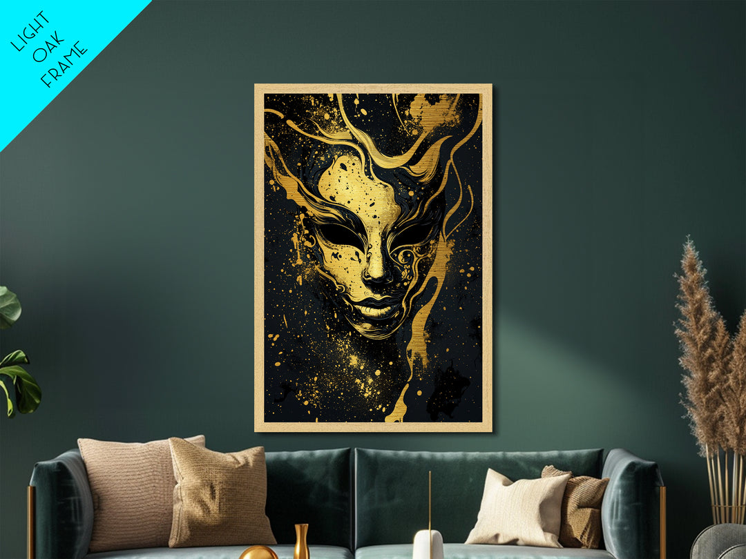Abstract Face Mask Metallic Gold Metal Print, Surreal Splatter Art, Bold Modern Wall Decor, Unique Artistic Artwork, Real Wood Framed
