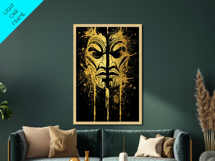 Tribal Warrior Mask Metallic Gold Metal Print, Maori Inspired Art, Ethnic Wall Decor, Real Wood Framed Metallic Gold Artwork