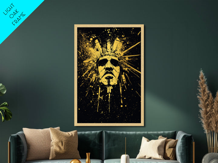 Ancient Sun God Metallic Gold Metal Print, Tribal Deity Wall Decor, Mystical Home Art, Real Wood Framed Statement Artwork