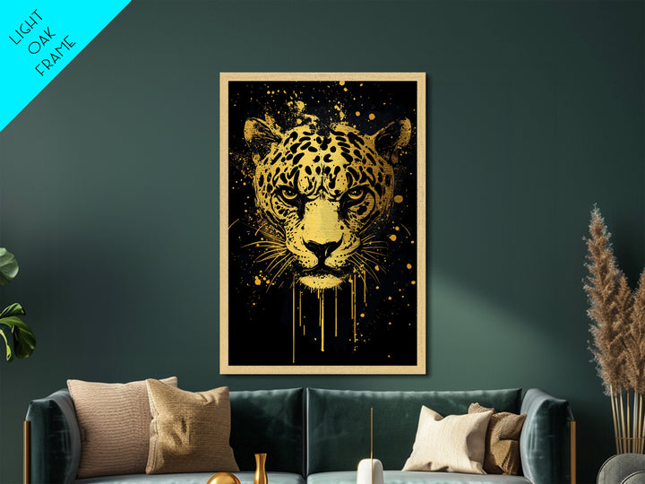 Leopard Head Metallic Gold Metal Print, Jungle Cat Wall Art, Animal Spirit Decor, Real Wood Framed Fierce Modern Artwork