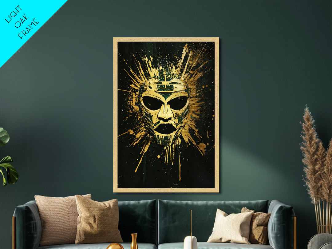 Ancient Warrior Mask Metallic Gold Metal Print, Mythology Wall Decor, Spiritual Protection Art, Real Wood Framed Artwork
