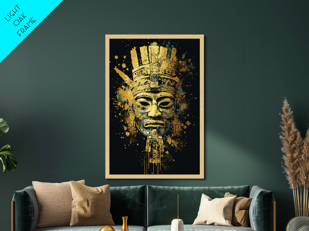 Mayan Inspired Mask Metallic Gold Metal Print, Ancient Civilization Art, Tribal Wall Decor, Real Wood Framed Gold Artwork