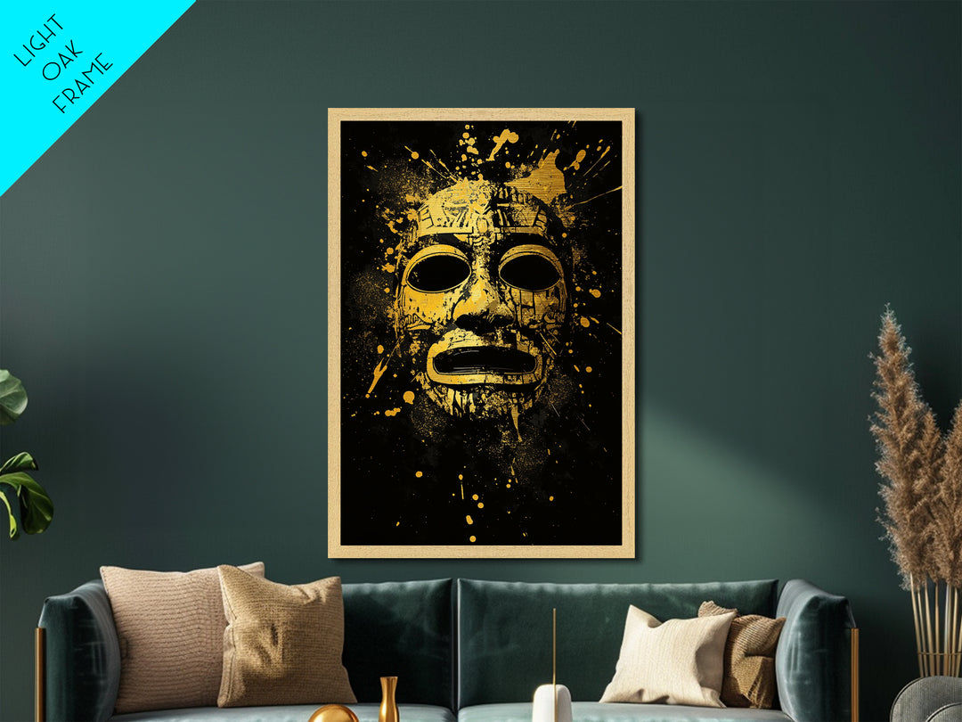 Aztec Mask Metallic Gold Metal Print, Ancient Mythology Art, Tribal Wall Decor, Real Wood Framed Cultural Gold Artwork