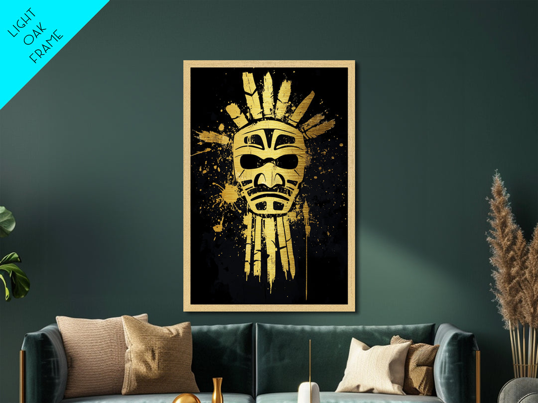 Tribal Sun Mask Metallic Gold Metal Print, Ancestral Wall Art, Sacred Symbol Decor, Real Wood Framed Mystical Gold Artwork