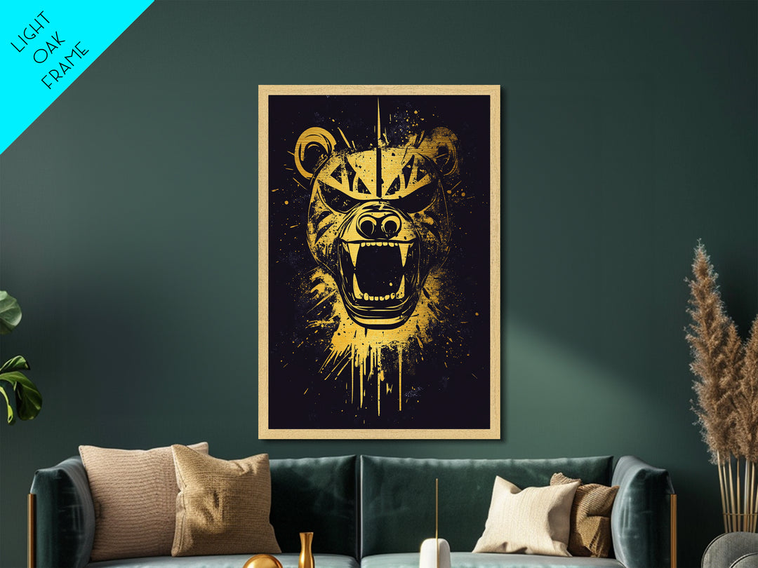 Fierce Bear Metallic Gold Metal Print, Tribal Bear Art, Modern Metal Wall Decor, Real Wood Frame, Bold Animal Artwork