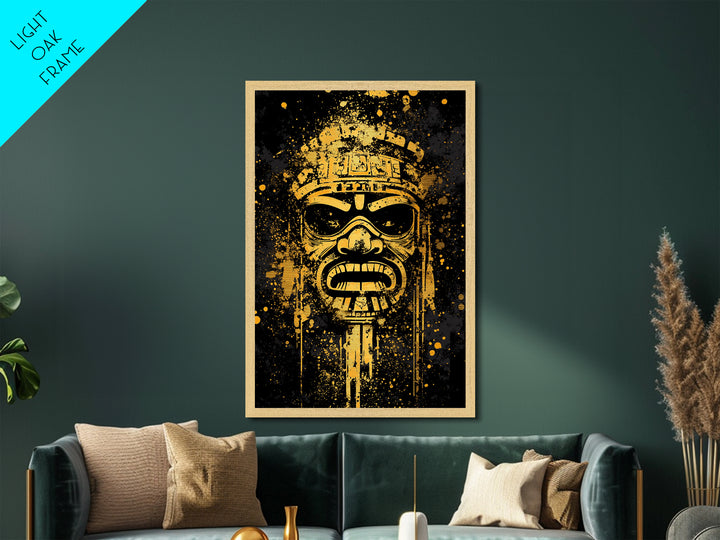 Ancient Tribal Mask Metallic Gold Metal Print, Cultural Art, Bold Splatter Wall Decor, Real Wood Frame, Dramatic Mask Artwork