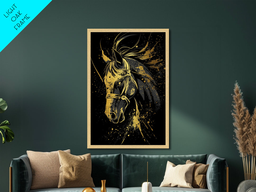 Majestic Horse Metallic Gold Metal Print, Equestrian Wall Art, Splatter Style Decor, Real Wood Frame, Bold Animal Artwork
