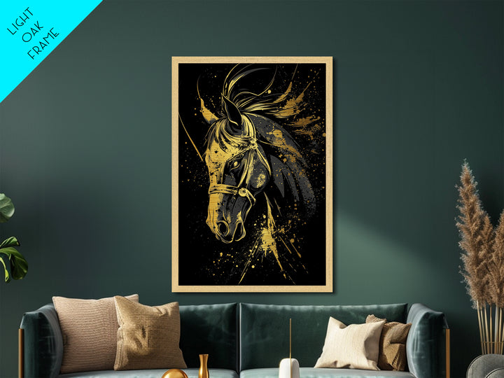 Majestic Horse Metallic Gold Metal Print, Equestrian Wall Art, Splatter Style Decor, Real Wood Frame, Bold Animal Artwork