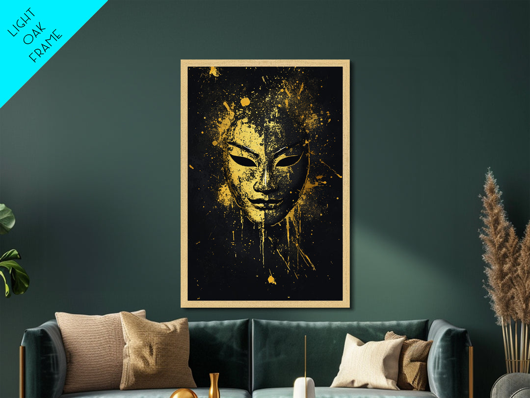 Elegant Tribal Face Metallic Gold Metal Print, Abstract Cultural Mask Art, Modern Wall Decor, Real Wood Frame, Splatter Artwork