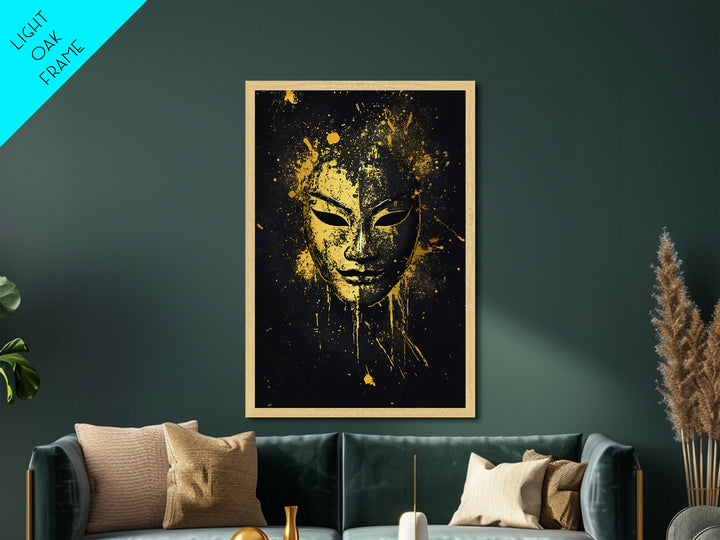 Elegant Tribal Face Metallic Gold Metal Print, Abstract Cultural Mask Art, Modern Wall Decor, Real Wood Frame, Splatter Artwork