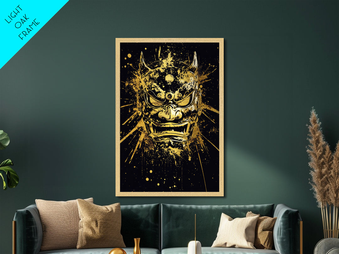 Demon Mask Metallic Gold Metal Print, Fierce Samurai Style Art, Splatter Wall Decor, Real Wood Frame, Bold Statement Artwork