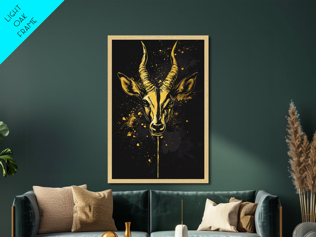 Antelope Head Metallic Gold Metal Print, Wildlife Art, Splatter Animal Decor, Real Wood Frame, Bold Tribal Inspired Artwork