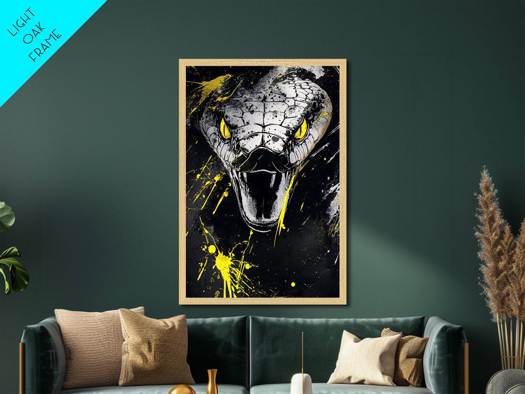 Viper Snake Metallic Gold Metal Print, Venomous Reptile Art, Bold Splatter Wall Decor, Real Wood Frame, Fierce Snake Artwork