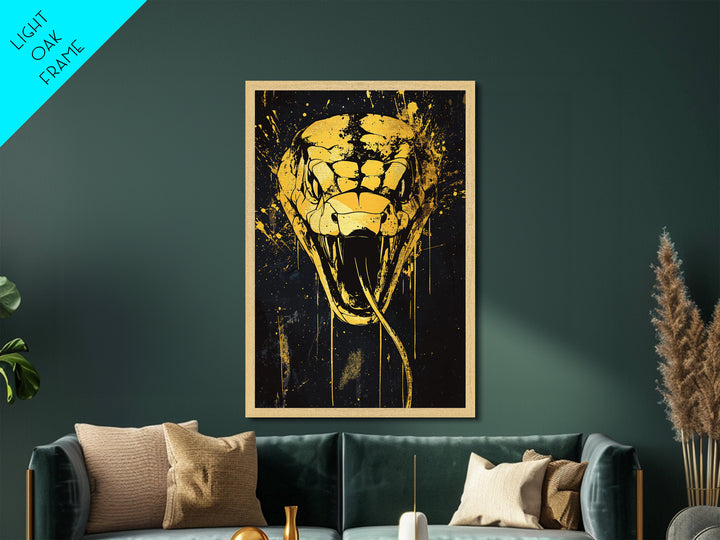 Cobra Head Metallic Gold Metal Print, Fierce Snake Art, Splatter Style Metal Decor, Real Wood Frame, Bold Animal Statement Artwork
