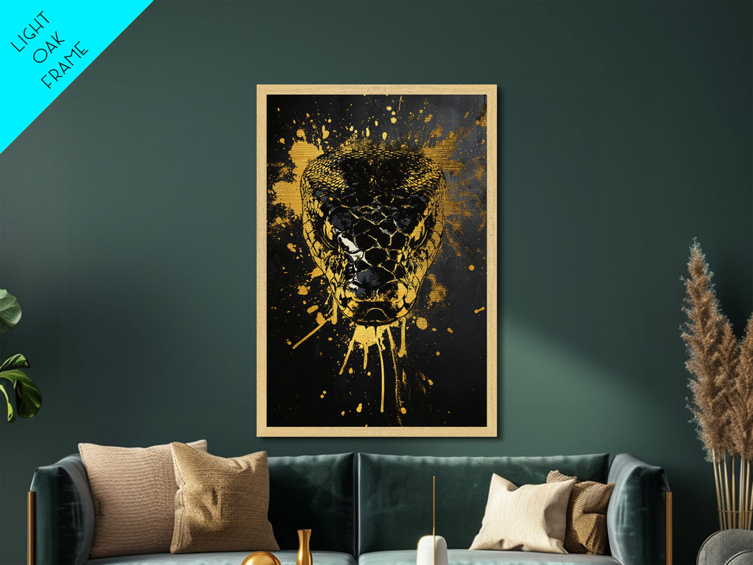 Fierce Snake Head Art,Modern Animal Wall Decor,Real Wood Frame,Bold Reptile Artwork,Striking Home Accent