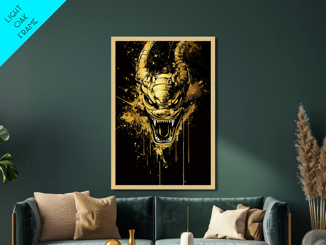 Mythical Dragon Face Artwork,Modern Fantasy Wall Decor,Real Wood Frame,Bold Creature Art,Striking Home Accent