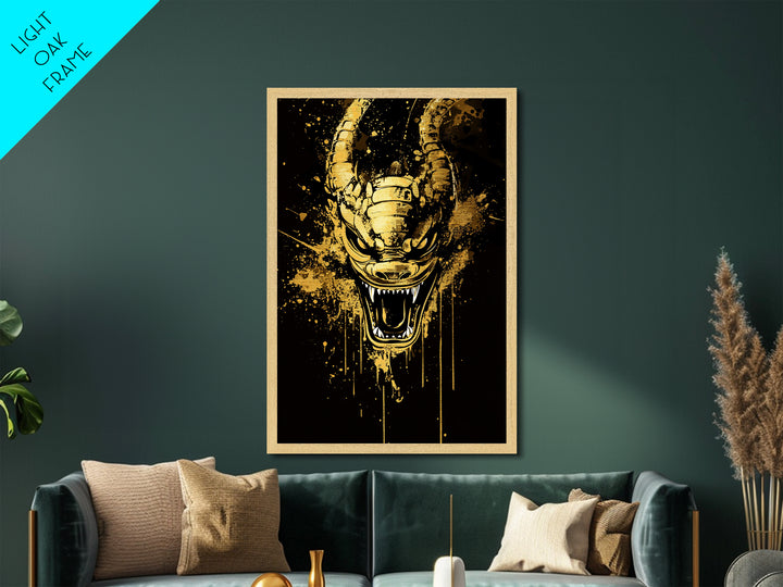 Mythical Dragon Face Artwork,Modern Fantasy Wall Decor,Real Wood Frame,Bold Creature Art,Striking Home Accent