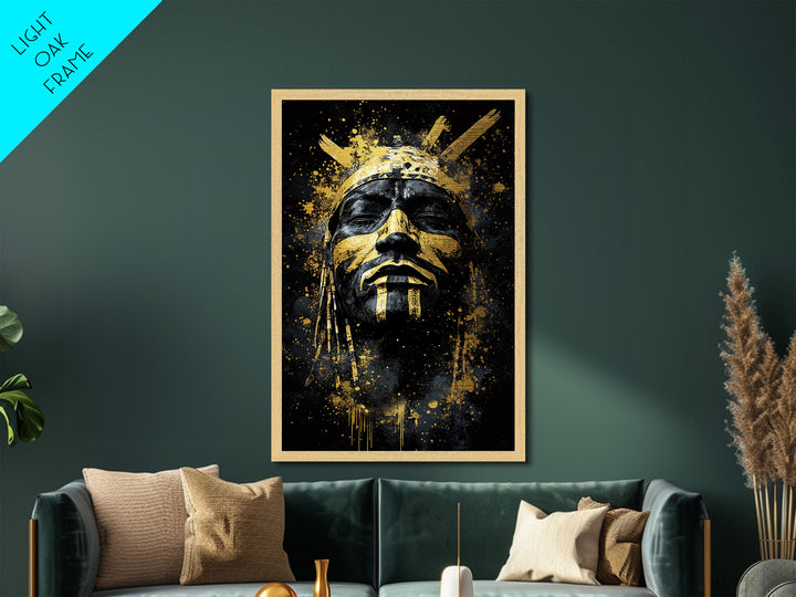 Tribal Warrior Mask Art,Bold Cultural Wall Decor,Real Wood Frame,Striking Tribal Artwork,Modern Statement Piece