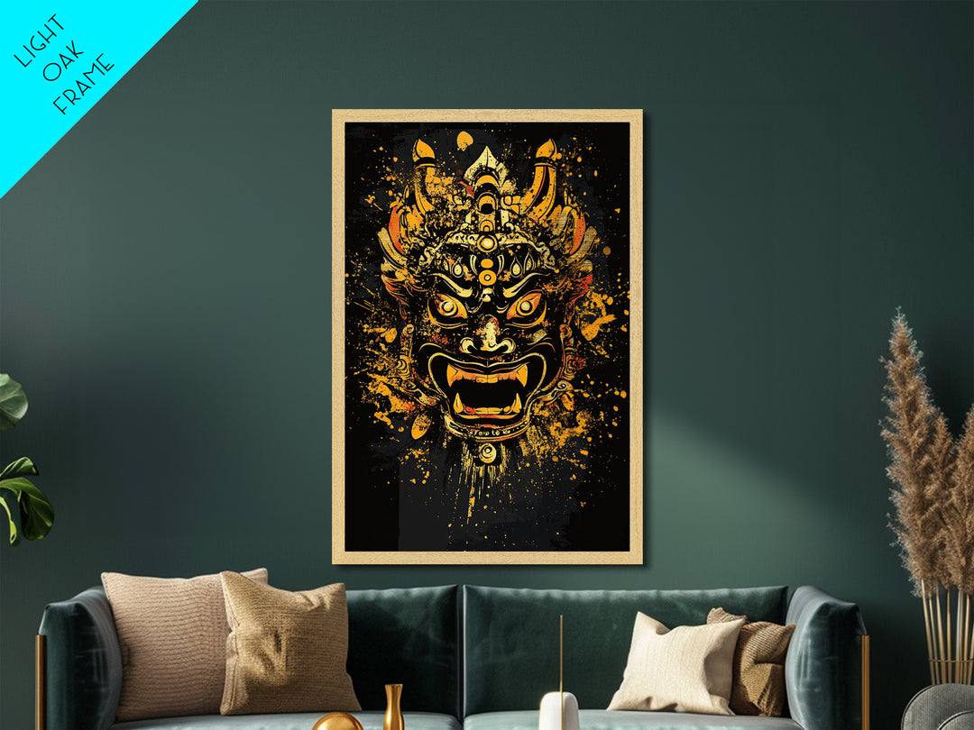 Fierce Demon Mask Artwork,Modern Cultural Wall Decor,Real Wood Frame,Bold Mythical Art,Striking Statement Accent