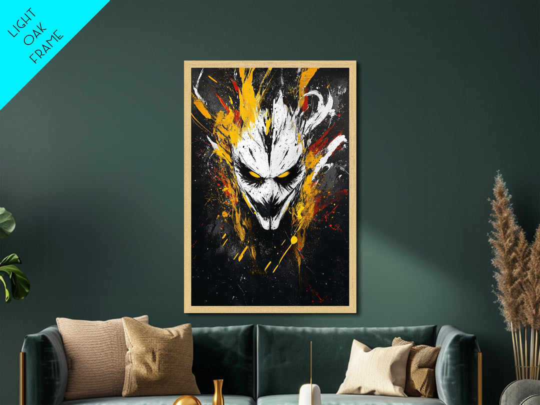 Intense Mask Artwork,Modern Abstract Wall Decor,Real Wood Frame,Bold Fiery Art,Striking Vibrant Statement Piece