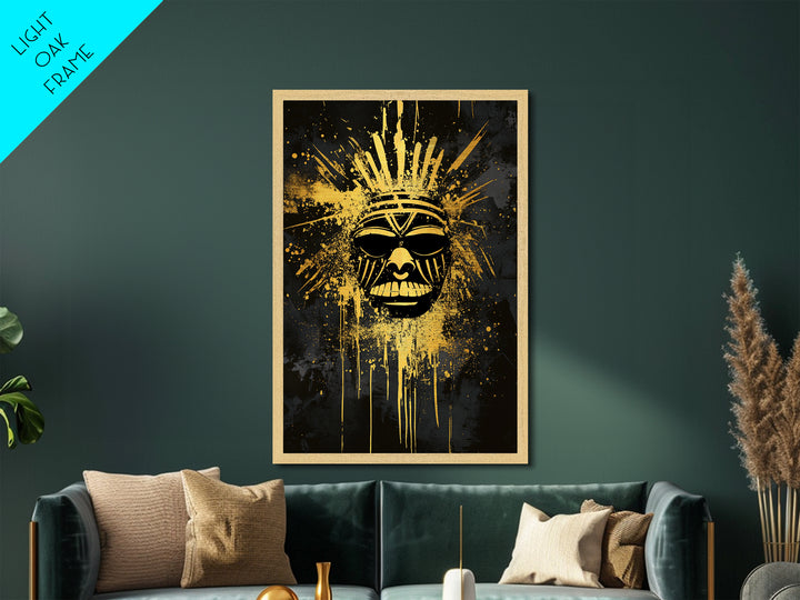 Tribal Sun Mask Metallic Gold Metal Print, Bold Wall Art With Real Wood Frame, Cultural Decor, Splatter Style Artwork