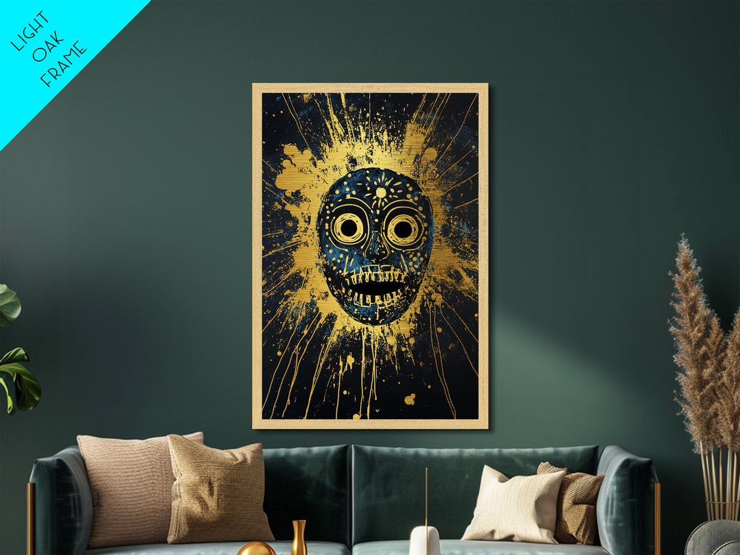 Cosmic Tribal Mask Metallic Gold Metal Print, Unique Wall Art With Real Wood Frame, Ethnic Decor, Bold Splatter Artwork