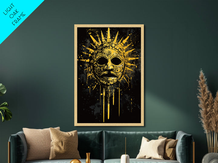 Aztec Sun God Mask Metallic Gold Metal Print, Tribal Wall Art With Real Wood Frame, Ancient Culture Decor, Bold Artwork