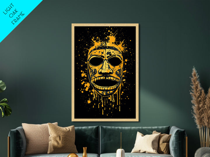 Traditional Tribal Mask Metallic Gold Metal Print, Splatter Style Wall Art With Real Wood Frame, Cultural Decor Accent