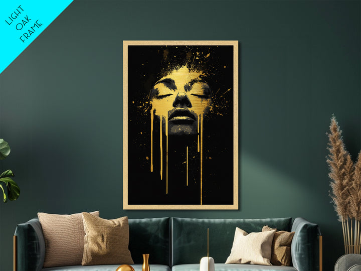 Golden Face Metallic Gold Art, Modern Wall Print With Real Wood Frame, Abstract Portrait, Splatter Style Cultural Decor