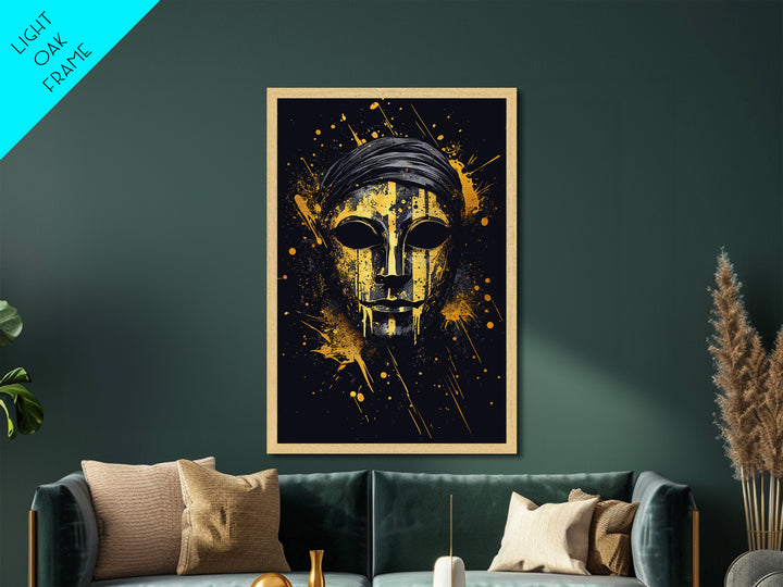 Classic Tribal Mask Metallic Gold Metal Print, Bold Ethnic Wall Art With Real Wood Frame, Splatter Style Cultural Decor