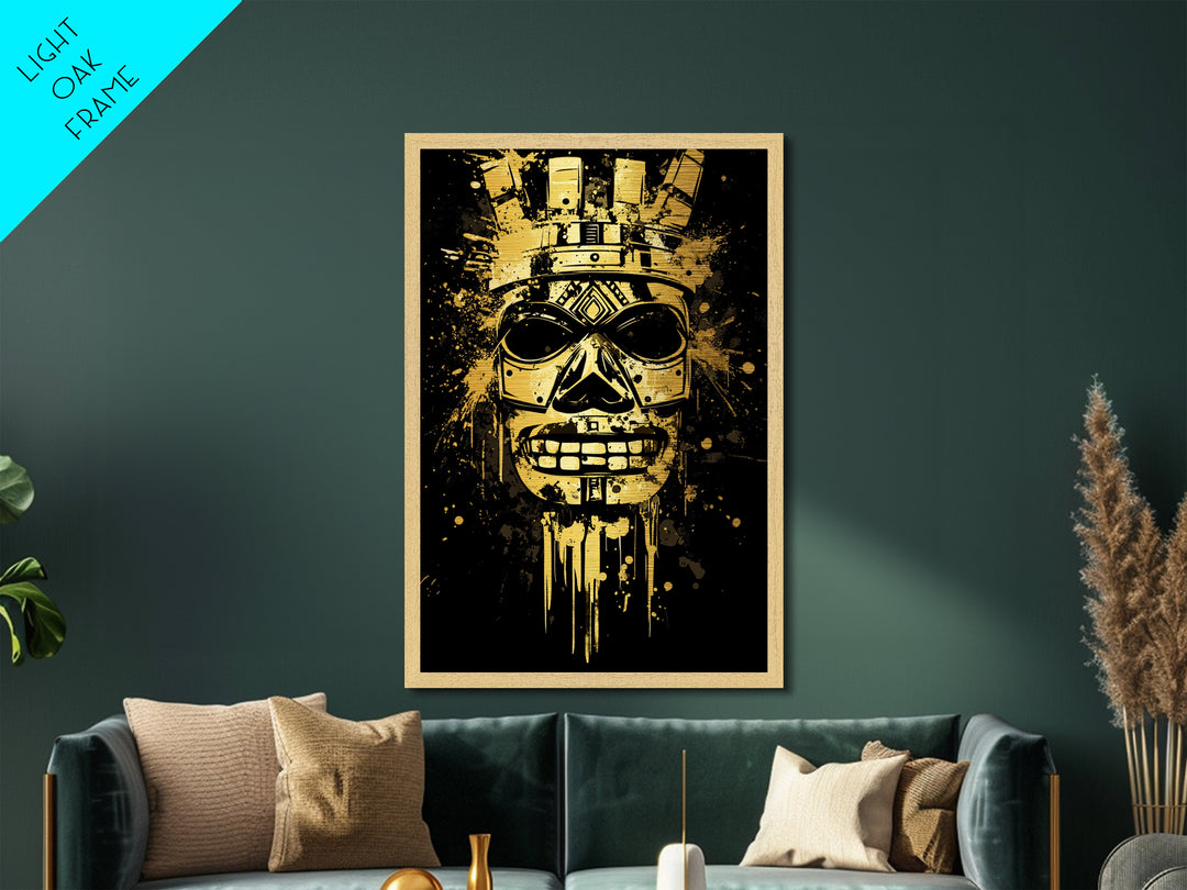 Ancient Warrior Mask Metallic Gold Metal Print, Bold Wall Art With Real Wood Frame, Cultural Splatter Style Home Decor