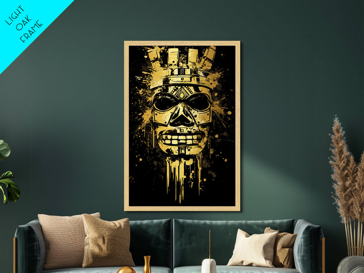Ancient Warrior Mask Metallic Gold Metal Print, Bold Wall Art With Real Wood Frame, Cultural Splatter Style Home Decor