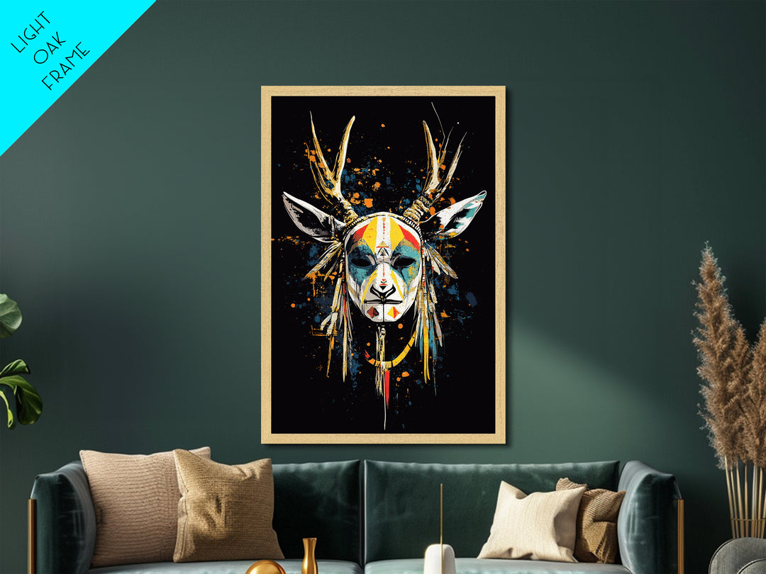Deer Horn Mask Metallic Gold Metal Print, Tribal Wall Art With Real Wood Frame, Ethnic Splatter Style Bold Wall Accent