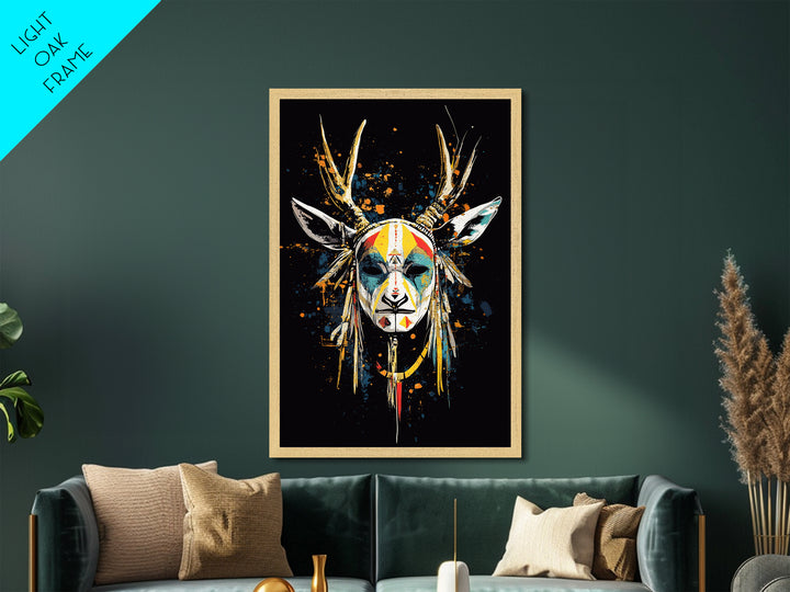 Deer Horn Mask Metallic Gold Metal Print, Tribal Wall Art With Real Wood Frame, Ethnic Splatter Style Bold Wall Accent