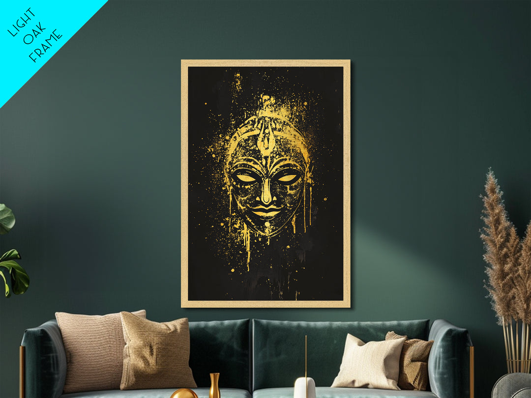 Mystical Goddess Mask Metallic Gold Art, Cultural Wall Print With Real Wood Frame, Splatter Style Decor For Bold Homes