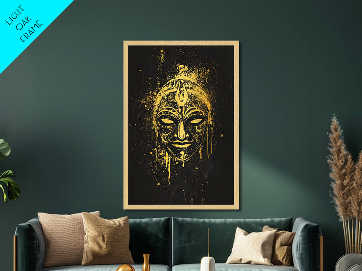 Mystical Goddess Mask Metallic Gold Art, Cultural Wall Print With Real Wood Frame, Splatter Style Decor For Bold Homes