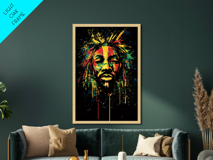 Rastafarian Portrait Metallic Gold Metal Print, Vibrant Cultural Wall Art With Real Wood Frame, Bold Splatter Style Decor