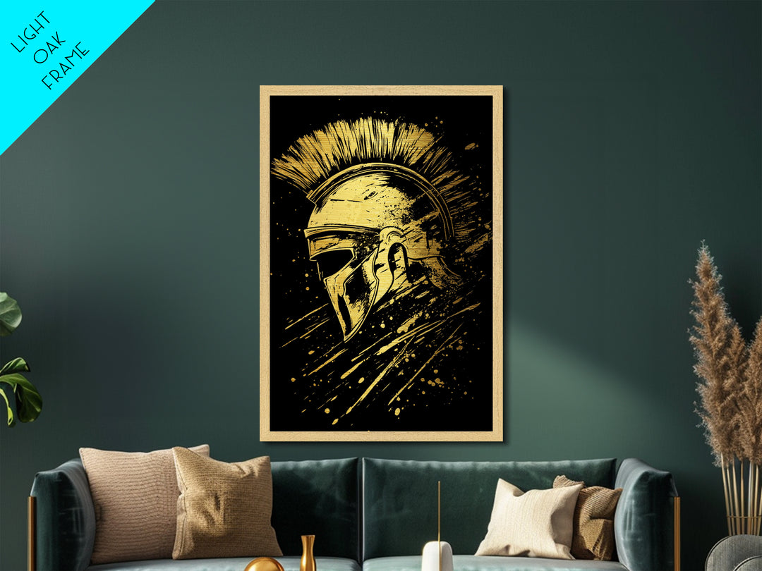 Spartan Warrior Helmet Metallic Gold Metal Print, Ancient Greek Art, Mythology Wall Decor, Real Wood Frame, Bold Statement Piece