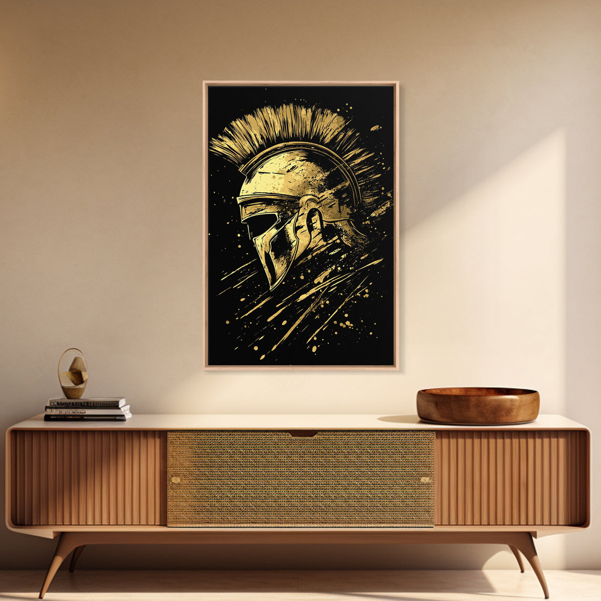Spartan Warrior Helmet Gold Canvas Print, Ancient Greek Art, Mythology Wall Decor, Real Wood Frame, Bold Statement Piece