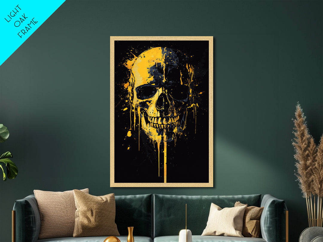 Dripping Skull Metallic Gold Metal Print, Gothic Wall Art, Dark Decor, Edgy Skull Artwork, Real Wood Frame, Modern Statement Piece