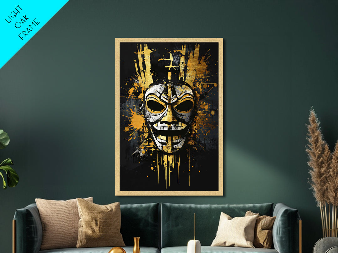 Tribal Warrior Mask Metallic Gold Metal Print, Fierce Mask Art, Bold Wall Decor, Real Wood Frame, Dramatic Splatter Effect Artwork