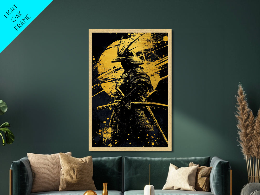 Samurai Warrior Metallic Gold Metal Print, Japanese Art, Martial Wall Decor, Bushido Inspired Artwork, Real Wood Frame, Bold Statement Piece