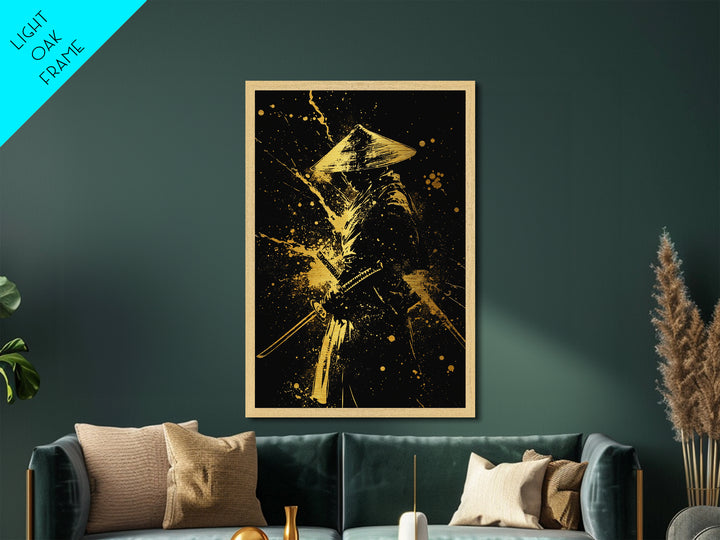 Ronin Samurai Metallic Gold Metal Print, Japanese Warrior Art, Epic Splatter Decor, Real Wood Frame, Fierce Bushido Inspired Wall Artwork