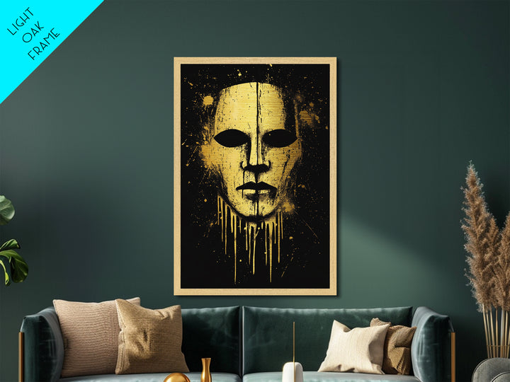 Ancient Warrior Mask Metallic Gold Metal Print, Bold Tribal Decor, Striking Wall Art, Real Wood Frame, Splatter Effect Modern Artwork
