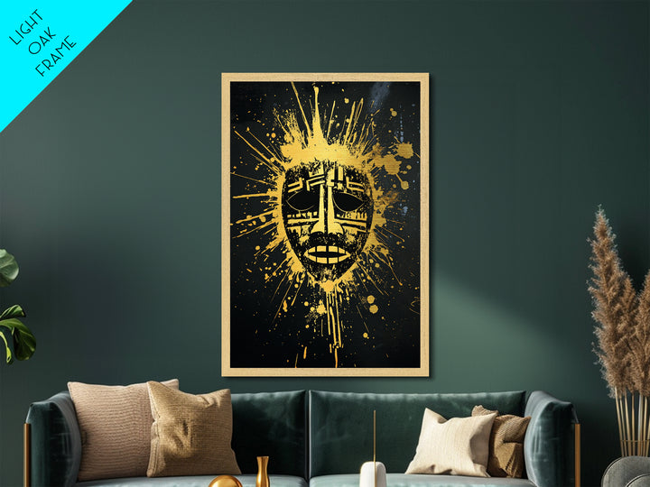 Tribal Mask Metallic Gold Metal Print, Ethnic Wall Art, Real Wood Frame, Splatter Abstract Face Decor, Modern Tribal Home Accent