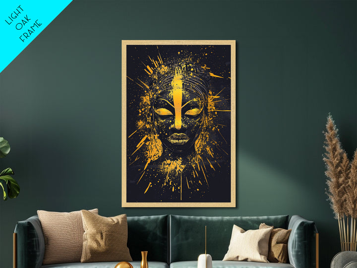 African Goddess Metallic Gold Metal Print, Ethnic Wall Art, Real Wood Frame, Splatter Portrait Art, Bold Tribal Modern Decor
